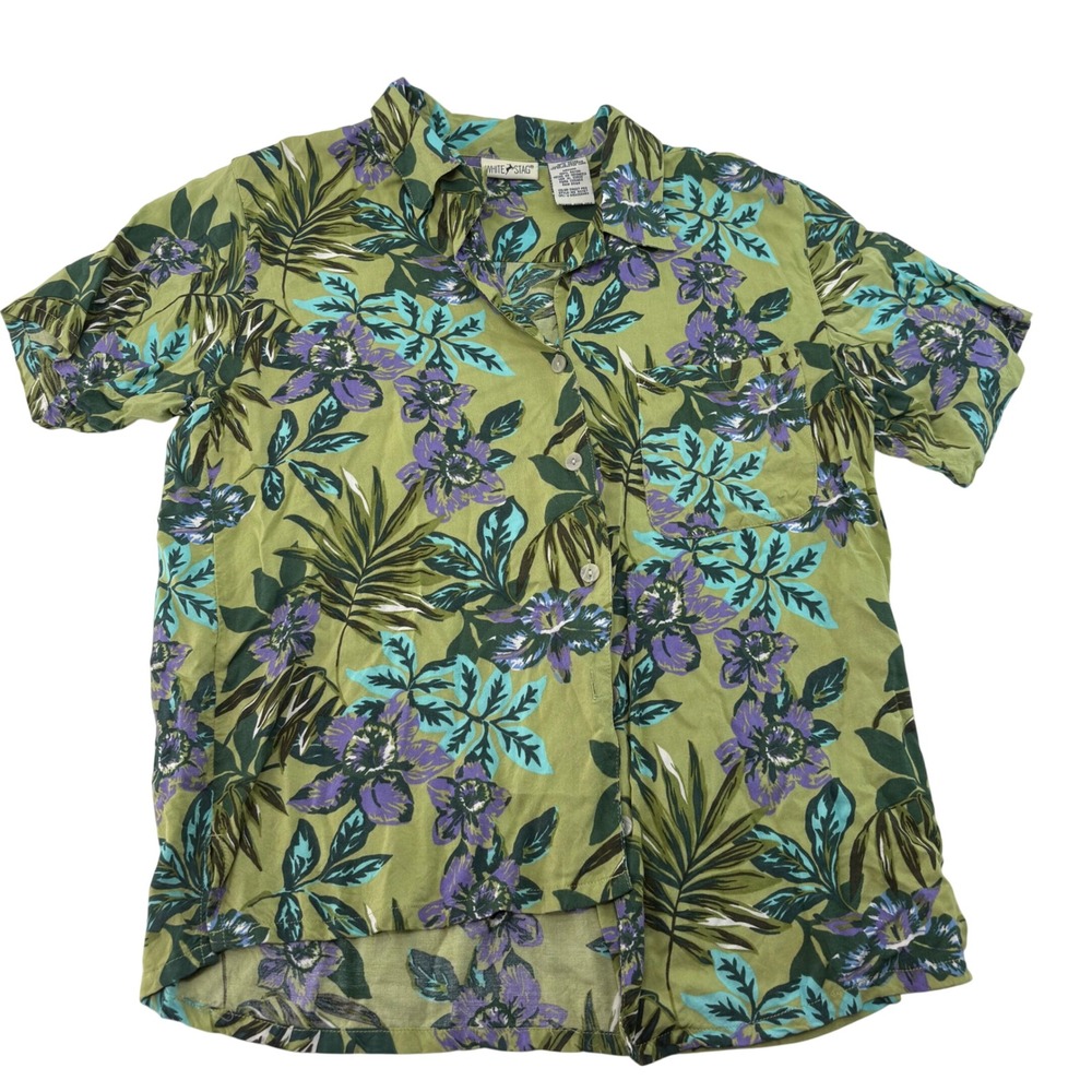 White Stag Womens Sweet Pea Green Tropical Floral Rayon Button Up Shirt